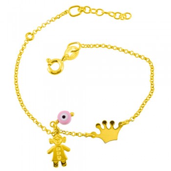 Ασημένιο επιχρυσωμένο παιδικό βραχιόλι κορώνα 925