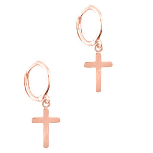 Ασημένια σκουλαρίκια κρίκοι 925 σε ροζ χρώμα με σταυρό