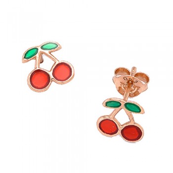 Ασημένια παιδικά σκουλαρίκια κερασάκια 925 σε ροζ χρώμα