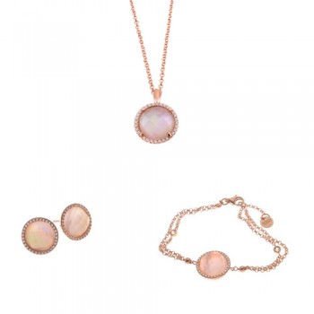 Ασημένιο σετ κοσμημάτων 925 σε ροζ χρώμα με σκουλαρίκια, κολιέ, βραχιόλι