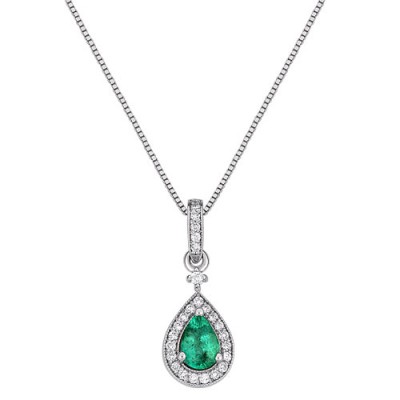 Λευκόχρυσο κολιέ Κ18 με ορυκτό σμαράγδι και brilliant