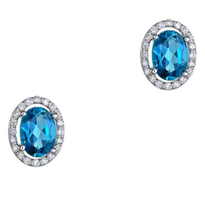 Λευκόχρυσα οβάλ σκουλαρίκια Κ18 με London Blue Topaz και διαμάντια
