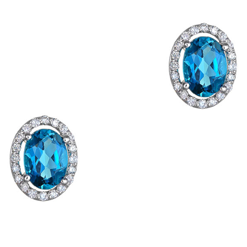 Λευκόχρυσα οβάλ σκουλαρίκια Κ18 με London Blue Topaz και διαμάντια