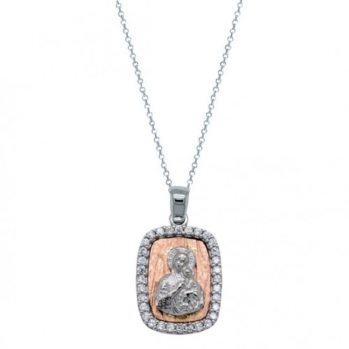 Μασίφ φυλαχτό Παναγία από λευκό και ροζ χρυσό Κ14 με αλυσίδα