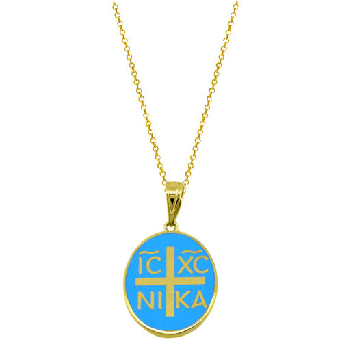 Χρυσό μασίφ κωνσταντινάτο φυλαχτό Κ14 με αλυσίδα