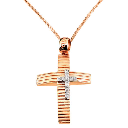 Ροζ χρυσός σταυρός Κ14 με αλυσίδα