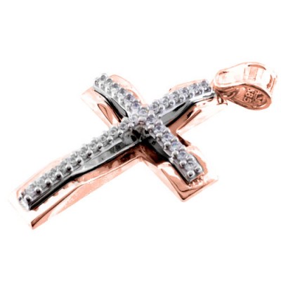 Μασίφ σταυρός από ροζ χρυσό Κ14 με αλυσίδα