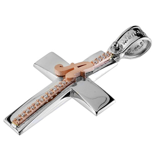 Λευκόχρυσος σταυρός Κ14 με μονόγραμμα με αλυσίδα