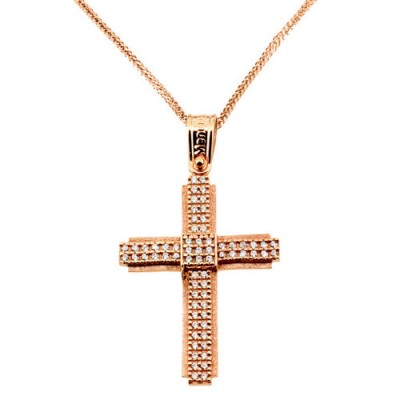 Ροζ χρυσός βαπτιστικός σταυρός Κ14 με αλυσίδα