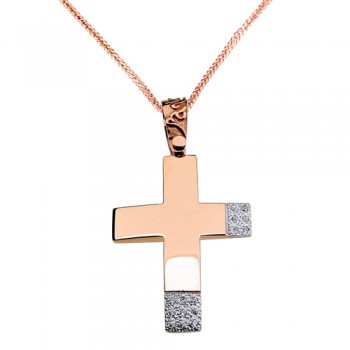 Ροζ χρυσός βαπτιστικός σταυρός Κ14 με αλυσίδα