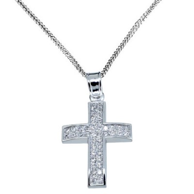Λευκόχρυσος μασίφ σταυρός Κ14 με αλυσίδα