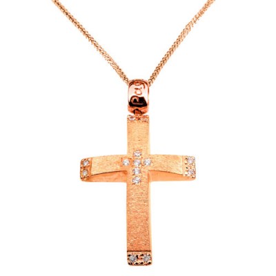 Ροζ χρυσός σταυρός Κ14 με αλυσίδα