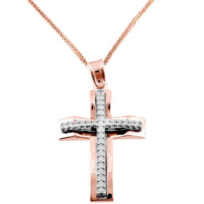 Μασίφ σταυρός από ροζ χρυσό Κ14 με αλυσίδα