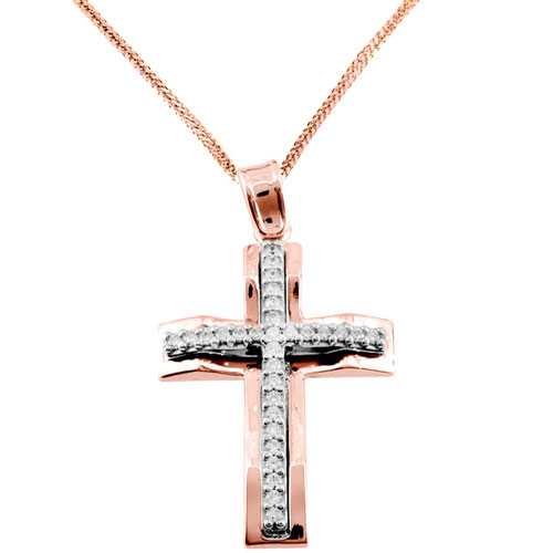 Μασίφ σταυρός από ροζ χρυσό Κ14 με αλυσίδα