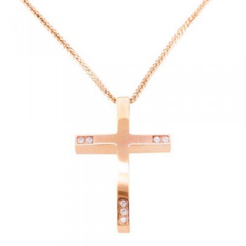 Ροζ χρυσός μασίφ σταυρός Κ14 με αλυσίδα