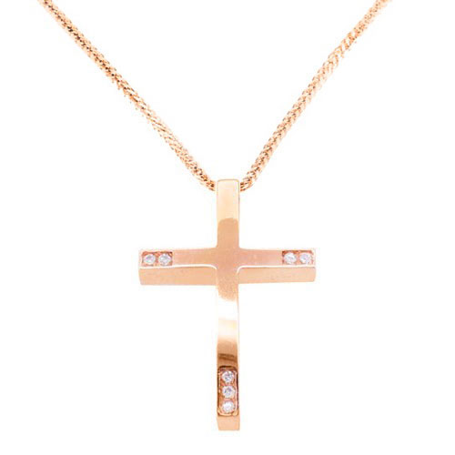 Ροζ χρυσός μασίφ σταυρός Κ14 με αλυσίδα