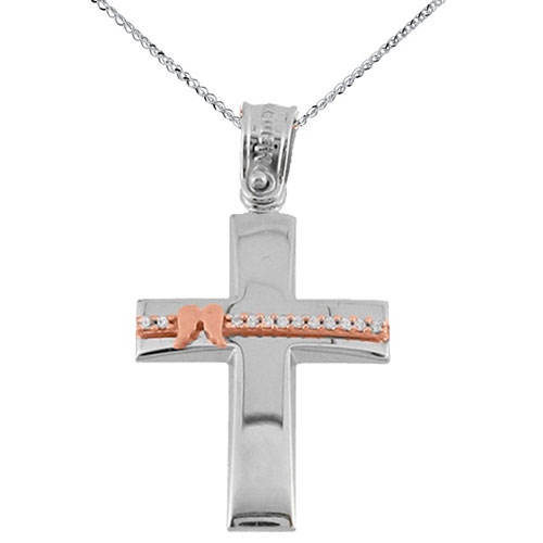 Λευκόχρυσος βαπτιστικός σταυρός Κ14 με αλυσίδα