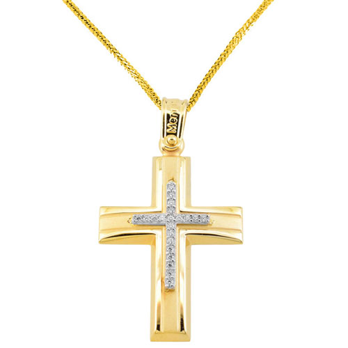 Χρυσός βαπτιστικός σταυρός διπλής όψης Κ14 με αλυσίδα