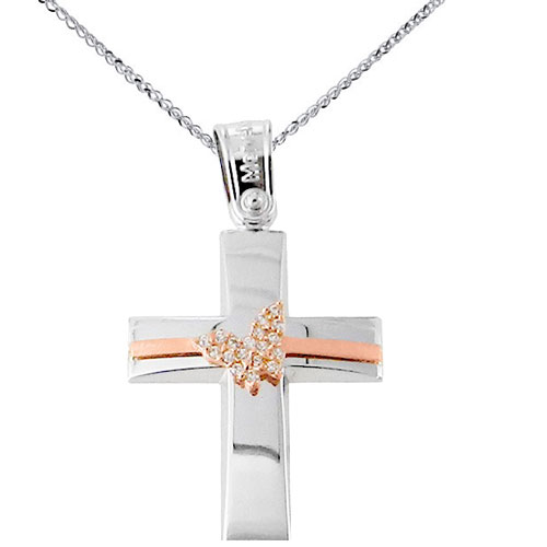 Λευκόχρυσος βαπτιστικός σταυρός Κ14 με αλυσίδα