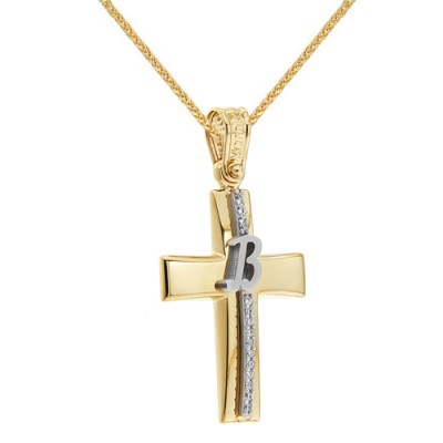 Χρυσός σταυρός Κ14 με μονόγραμμα με αλυσίδα