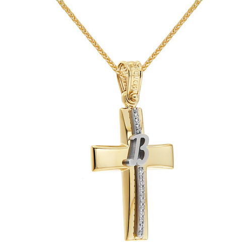 Χρυσός σταυρός Κ14 με μονόγραμμα με αλυσίδα