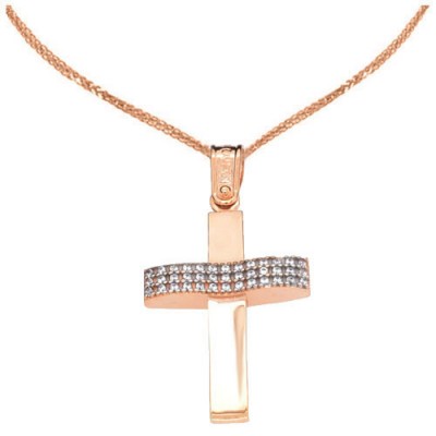 Ροζ χρυσός σταυρός διπλής όψης Κ14 με αλυσίδα