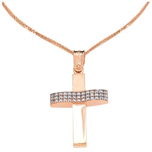 Ροζ χρυσός σταυρός διπλής όψης Κ14 με αλυσίδα