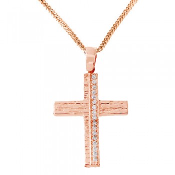Σταυρός από ροζ χρυσό Κ14 με αλυσίδα