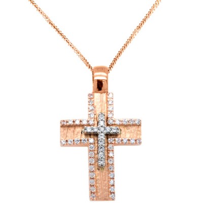 Ροζ χρυσός γυναικείος βαπτιστικός σταυρός Κ14 με αλυσίδα