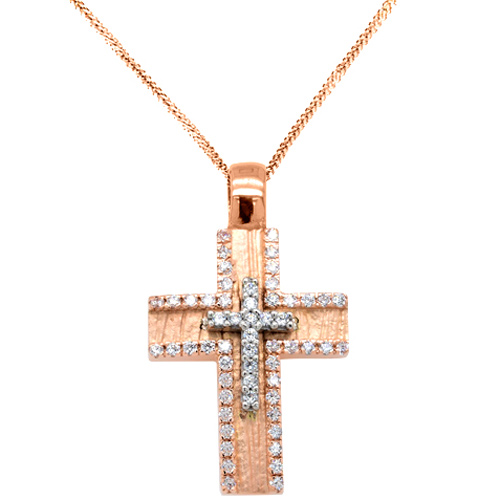 Ροζ χρυσός γυναικείος βαπτιστικός σταυρός Κ14 με αλυσίδα