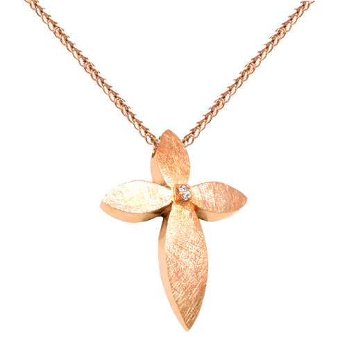 Χειροποίητος σταυρός από ροζ χρυσό Κ14 με αλυσίδα