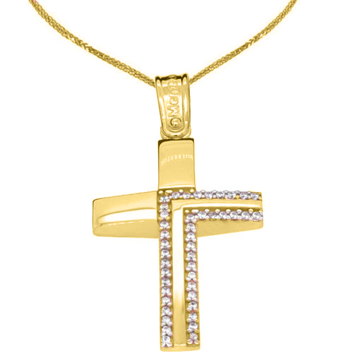 Xρυσός σταυρός διπλής όψης Κ14 με αλυσίδα