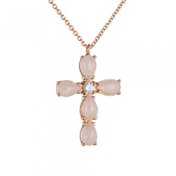 Ροζ χρυσός σταυρός Κ14 με χαλαζία και αλυσίδα