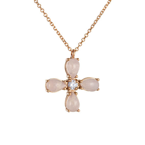 Ροζ χρυσός σταυρός Κ14 με χαλαζία και αλυσίδα