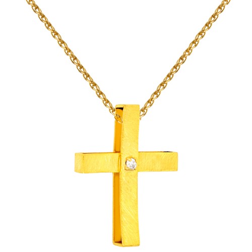 Χρυσός χειροποίητος σταυρός Κ14 με αλυσίδα