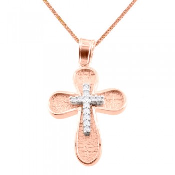 Μασίφ βαπτιστικός σταυρός από ροζ χρυσό Κ14 με αλυσίδα