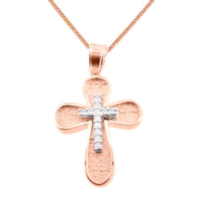 Μασίφ βαπτιστικός σταυρός από ροζ χρυσό Κ14 με αλυσίδα