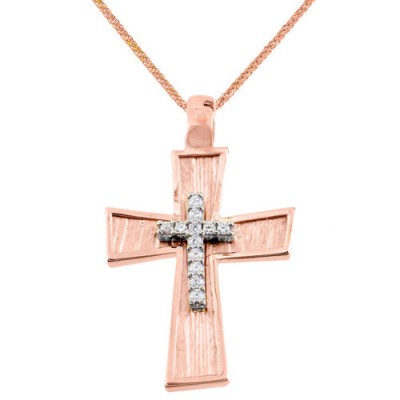 Μασίφ βαπτιστικός σταυρός από ροζ χρυσό Κ14 με αλυσίδα