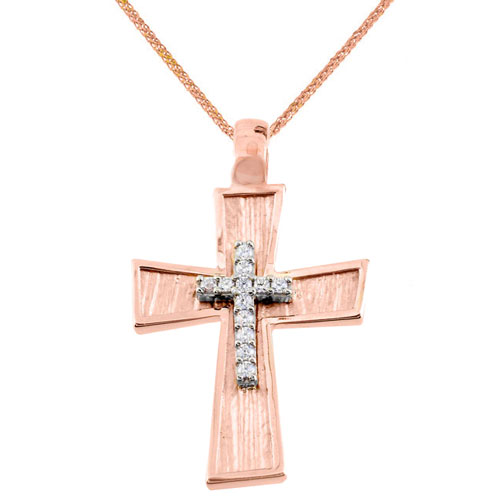 Μασίφ βαπτιστικός σταυρός από ροζ χρυσό Κ14 με αλυσίδα
