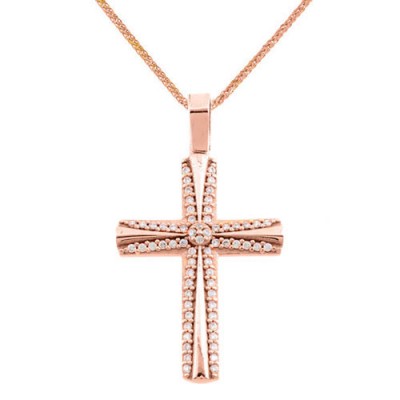 Βαπτιστικός σταυρός από ροζ χρυσό Κ14 με αλυσίδα