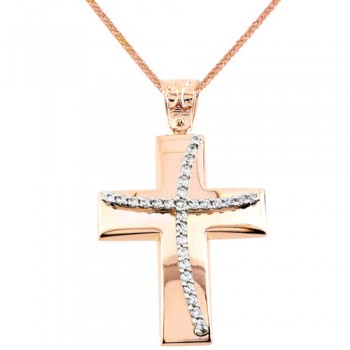 Βαπτιστικός σταυρός από ροζ χρυσό Κ14 με αλυσίδα