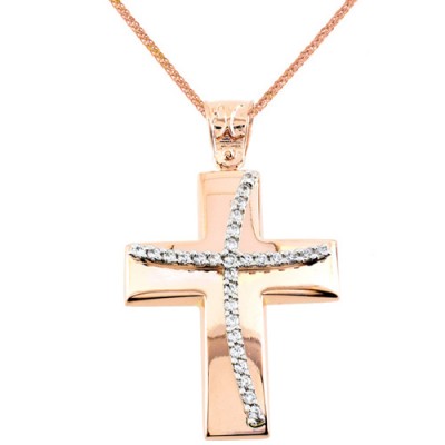 Βαπτιστικός σταυρός από ροζ χρυσό Κ14 με αλυσίδα