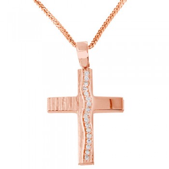 Σταυρός από ροζ χρυσό Κ14 με ζιργκόν