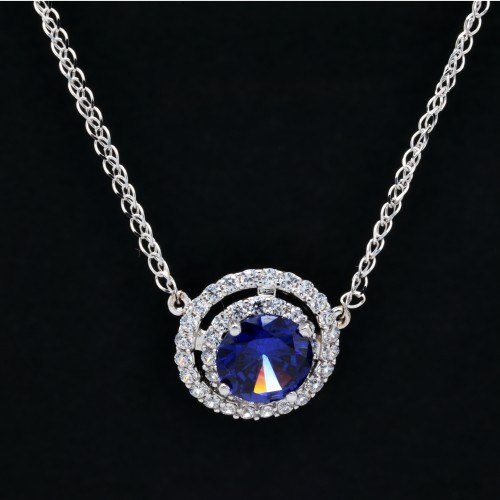 Λευκόχρυσο κολιέ ροζέτα Κ14 με ζιργκόν και συνθετικό ζαφείρι