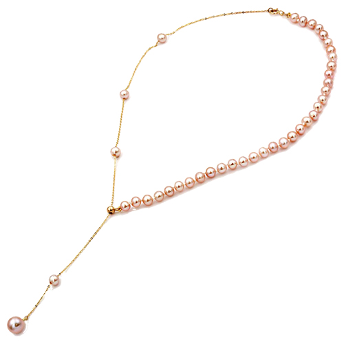 Χρυσό κολιέ Κ14 με ροζ μαργαριτάρια