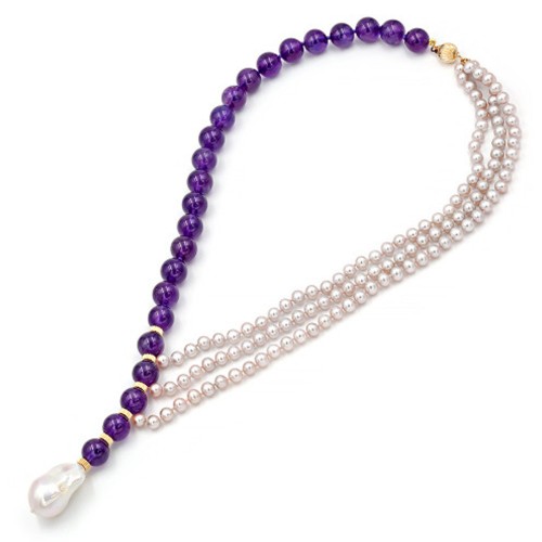 Κολιέ με μαργαριτάρια, αμέθυστο και χρυσά στοιχεία Κ14