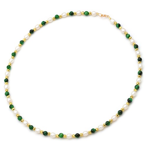 Κολιέ με μαργαριτάρια, αιματίτη, μάτι της τίγρης και χρυσό κούμπωμα Κ14