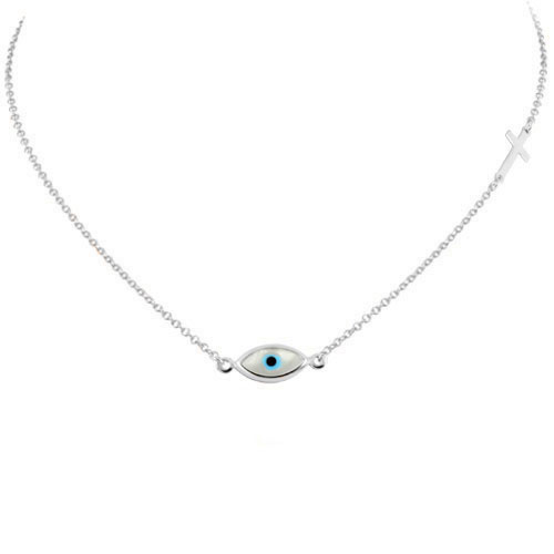 Λευκόχρυσο κολιέ Κ14 μάτι με σταυρουδάκι