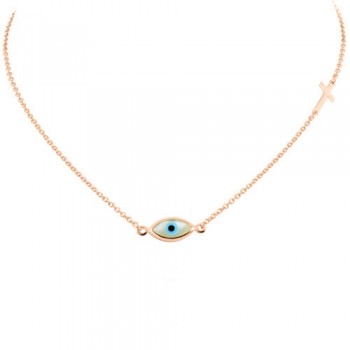 Ροζ χρυσό κολιέ μάτι με σταυρουδάκι Κ14