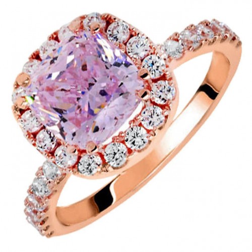 Ροζ χρυσό μονόπετρο δαχτυλίδι cushion Κ14 με ροζ κέντρο